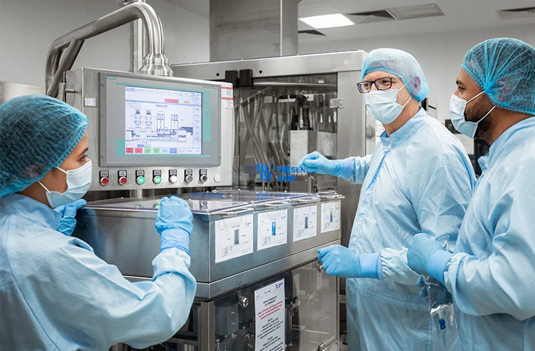 The image shows a scene inside a pharmaceutical or biotech facility. There are three individuals visible to the viewer: all wearing blue protective gowns, masks and hair nets. They're all standing near large equipment or machines with screens.
