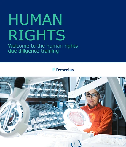 The upper half of the image shows the text: Human Rights, Welcome to the human rights due diligence training. The bottom part of the image shows a woman in a laboratory setting working on something with a magnifying glass.