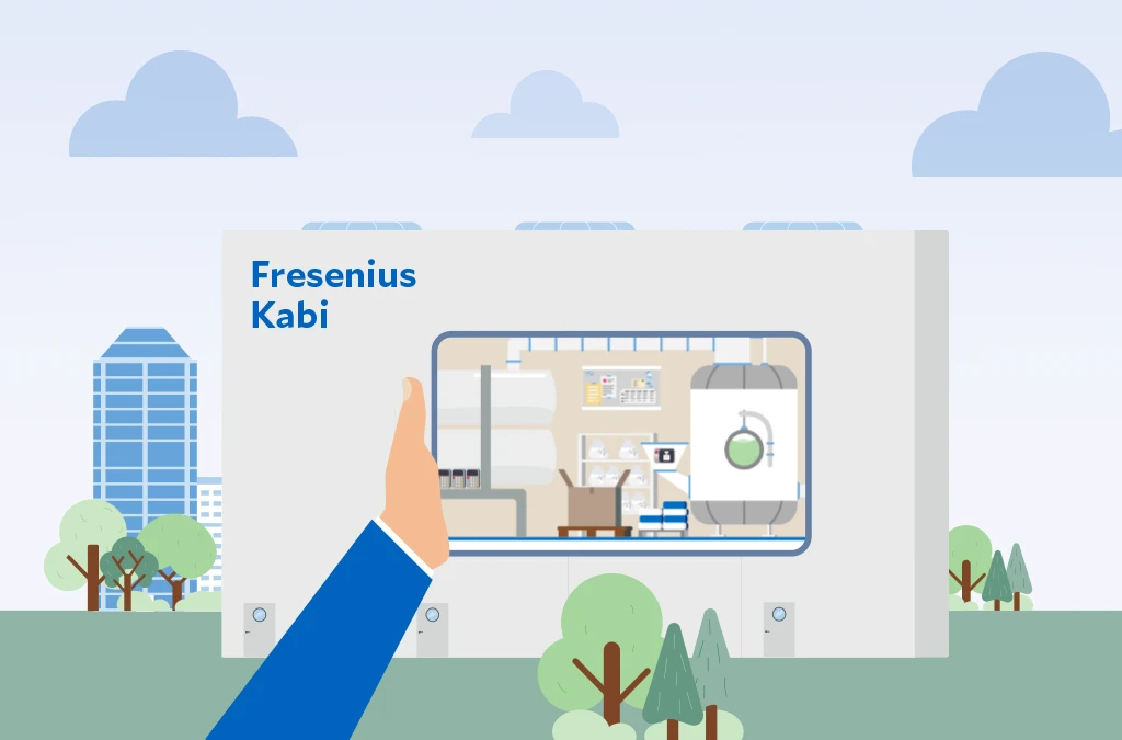 Illustration of a production facility, in the foreground a hand is holding a tablet showing the inside of the facility