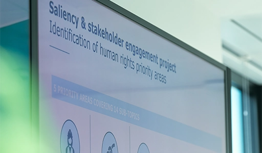 Ein Schild mit der Aufschrift „Saliency & stakeholder engagement project – Identification of human rights priority areas“ (Foto)